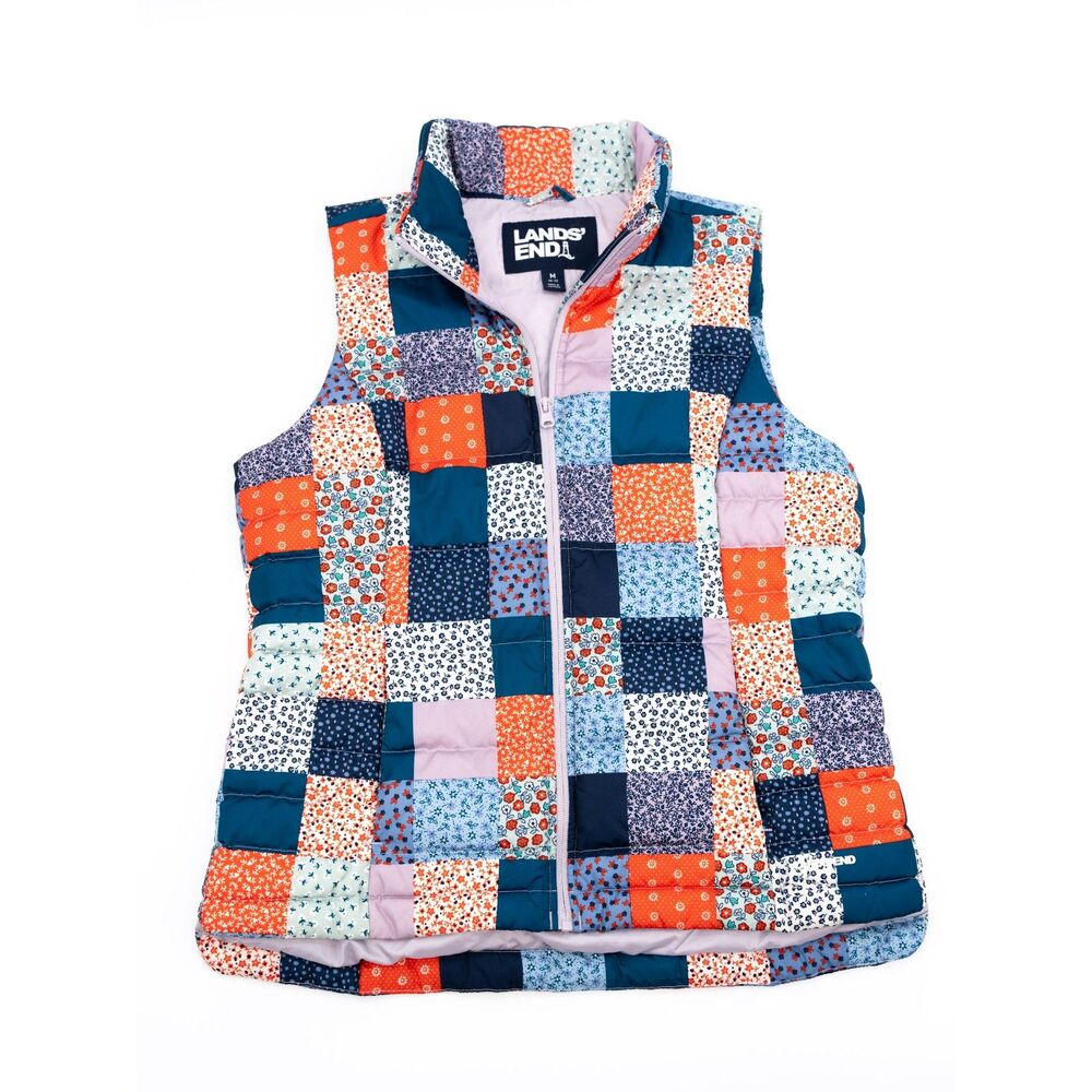 Lands End Womens M Down Vest Patchwork Colorful Blue Red Floral Zip Up Vest